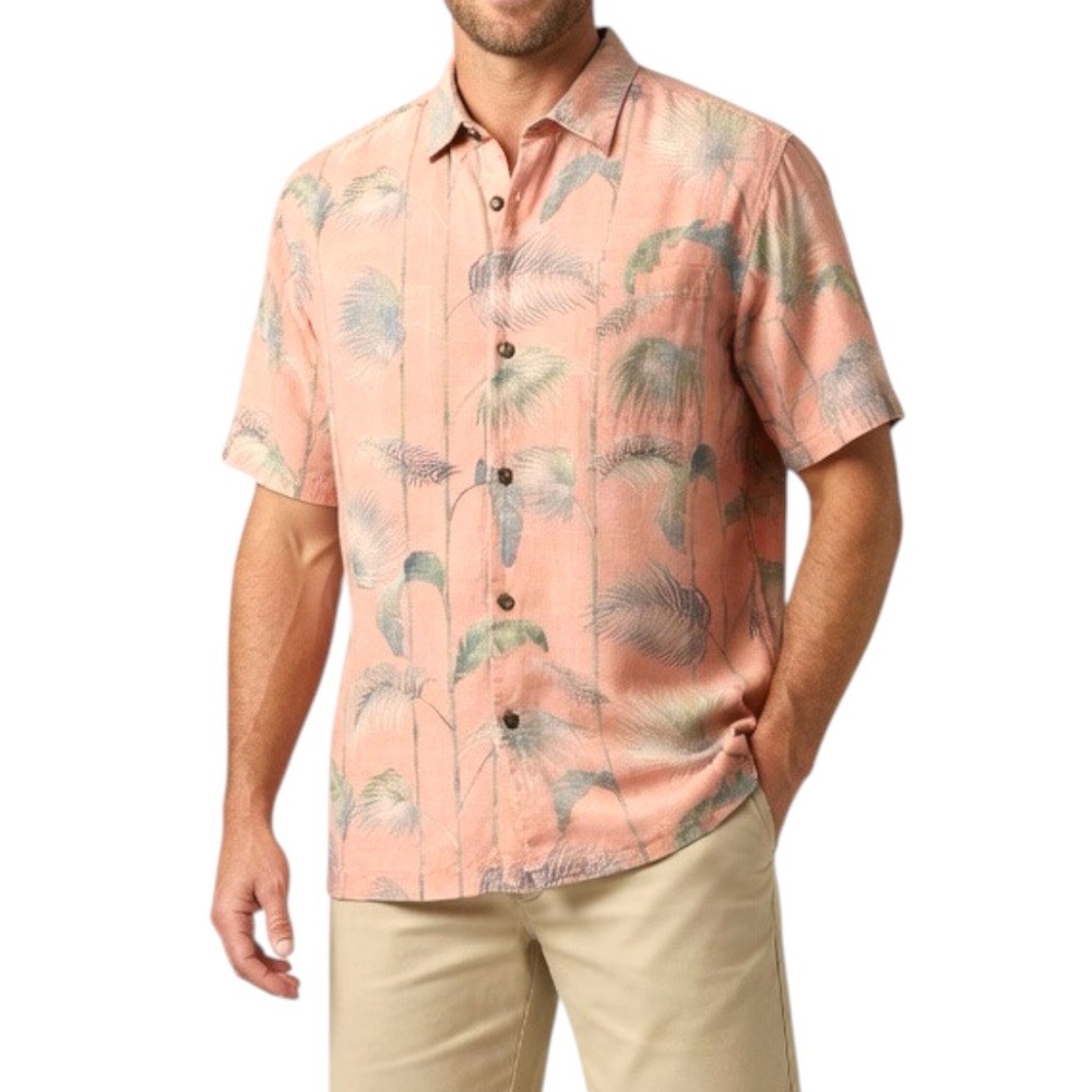 Tommy‎ Bahama 100% Silk Camp Tropical Palm Leaf Button Up Shirt Coral